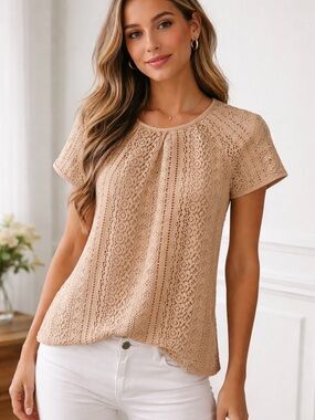 Banana Republic Taupe Crochet Short-Sleeve Blouse